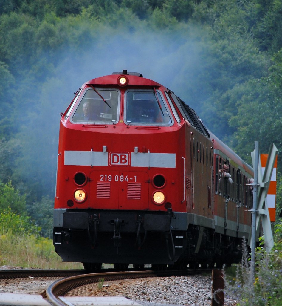Die 219 084 hatte am 14.08.2010 mit ihrem Sonderzug Ausfahrt au sdme Bahnhof Sitzendorf-Unterweibach.