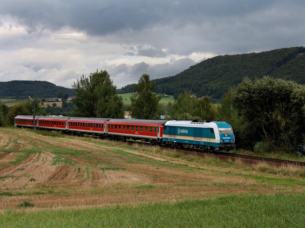 Die 223 063 mit dem Pager nach Nrnberg am 05.09.2009 unterwegs bei Furth im Wald. 