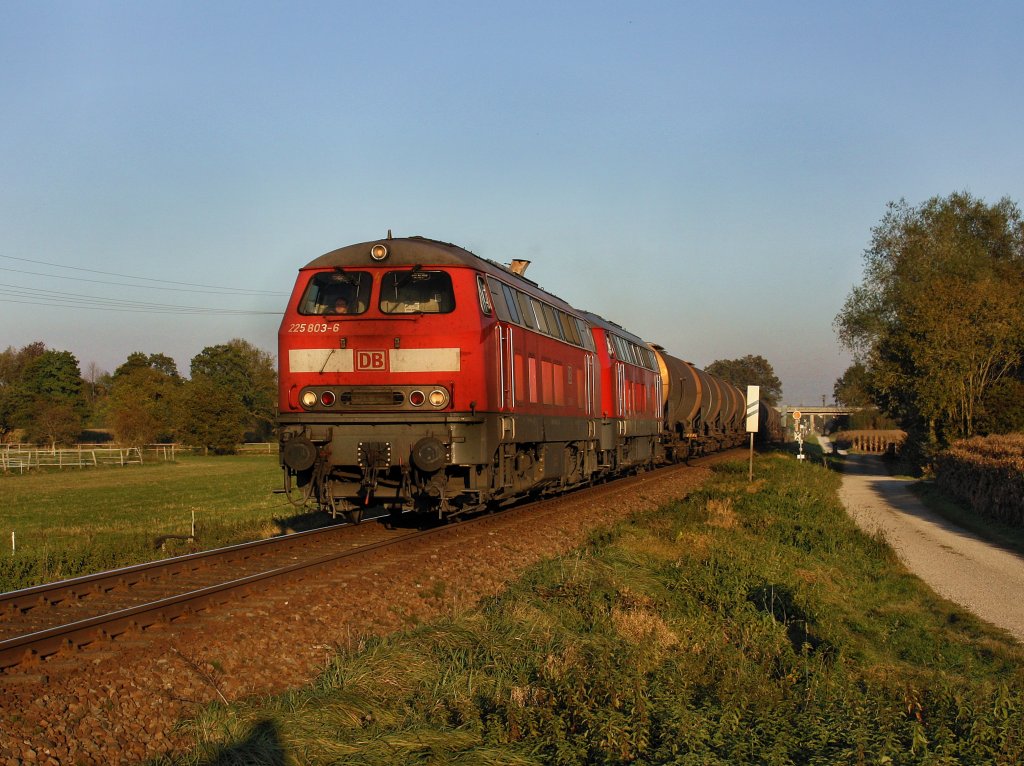 Die 225 803 und eine weitere am 12.10.2010 mit einem Kesselwagenzug unterwegs bei Alt�tting. 