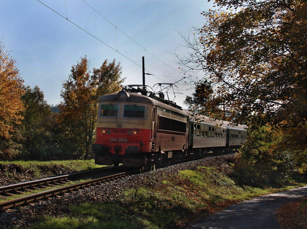 Die 242 218 am 10.10.2010 mit einem Personenzug unterwegs bei Klatov. 