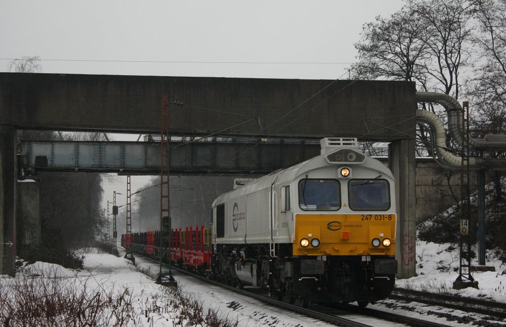 Die 247 031-8 fuhr am 06.01.2011 durch Bottrop, bei leichtem Regen.