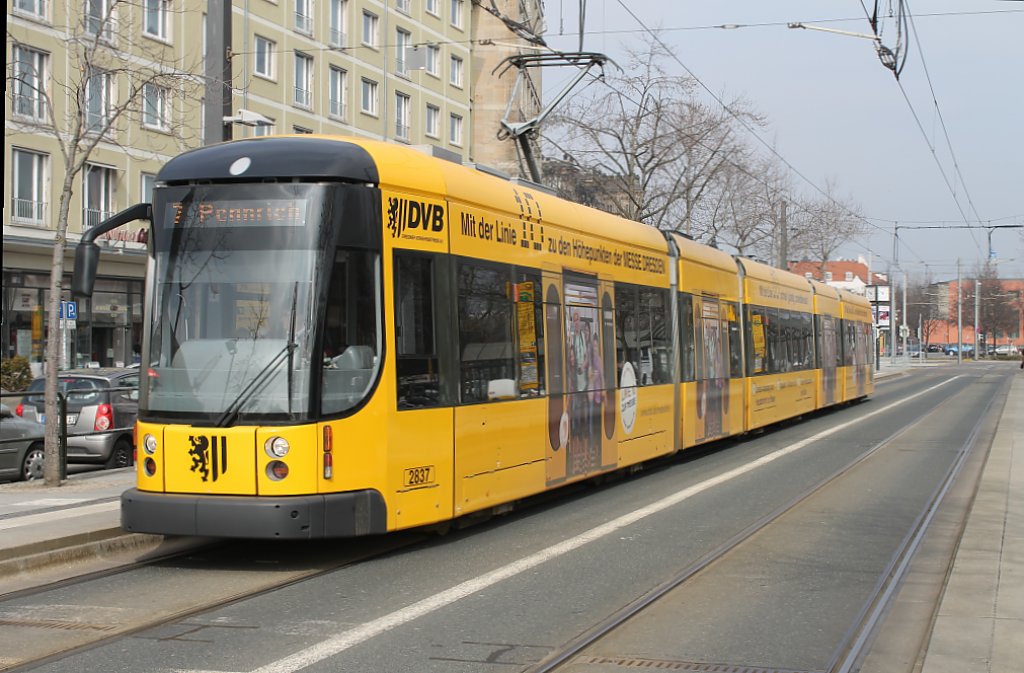 Die 2837 fuhr am 15.03.2012 auf der Linie 7. Pirnaischer Platz, Dresden