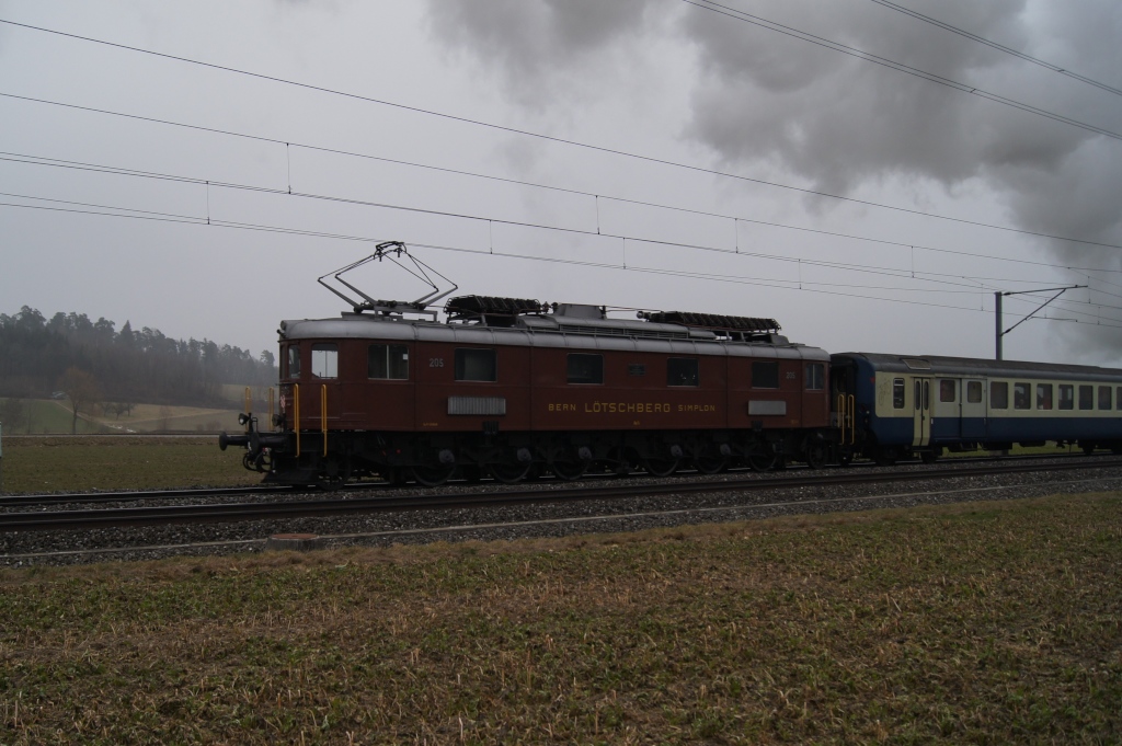 Die Ae 6/8 205 befand sich wie so hufig am Schluss des Nostalgie-Rhein-Express (Schpfen, 30.1.11)