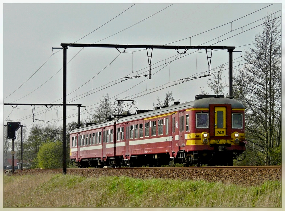 Die AM63 246 kommt am 10.04.2009 aus Richtung Brugge und wird in Krze den Bahnhof von Hansbeke erreichen. (Jeanny)