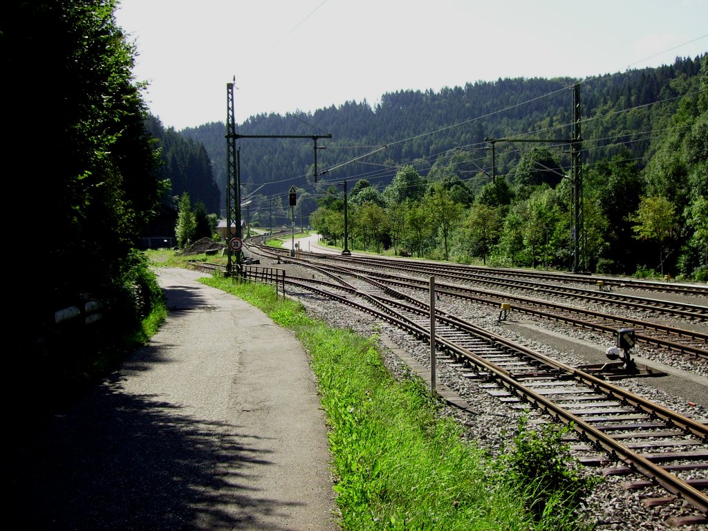 Die Ausfahrtsseite des Bahnhofs Schnmnzach in Richtung Freudenstadt, am 01.09.2010. Im linken Bildrand ist der sehr schne alte und erhaltene Holzlokschuppen zu erahnen, er steht zum Verkauf durch die AVG und ist mit einem Bauzaun umgeben.