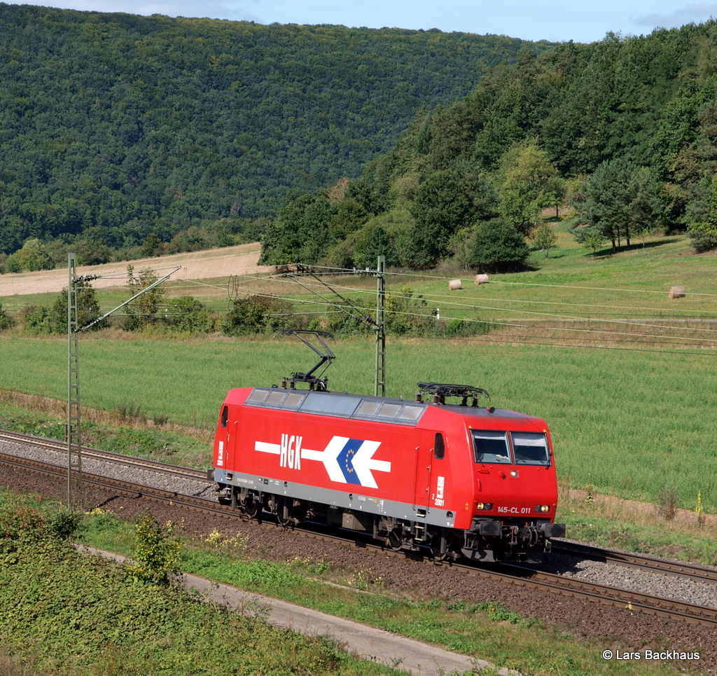 Die bereits Gestern gesichtete 145-CL 011 der HGK rollte am 6.09.12 als Lz durch das Maintal bei Harrbach.