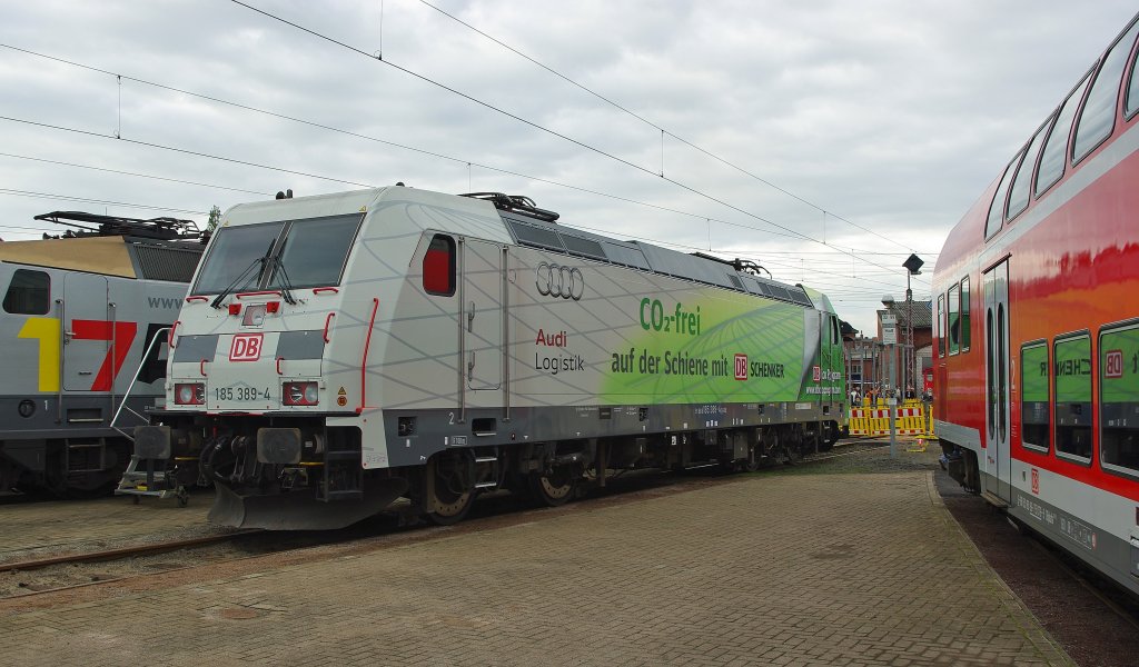 Die  Bl�tterlok  185 389-4 im Seitenprofil w�hrend ihrer Ausstellung im BW Osnabr�ck beim Bahnfest. Aufgenommen am 19.09.2010.