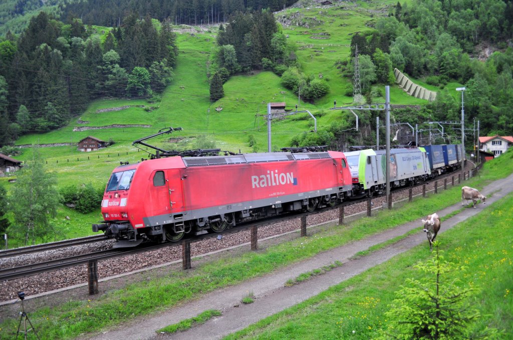 Die BR 185 109 bremst mit Re 486 503 zusammen einen KLV-Zug bei Wassen zu Tal am 0.05.2010