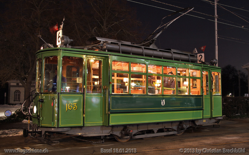 Die Ce2/2 163  Zum Eber  durfte an der 13th Basler Museumsnacht 18.01.2013 nur ohne Restaurant Wagen auf die Strecke gehen. Hier kurz nach der Dante Schuggi beim Depot Dreispitz.