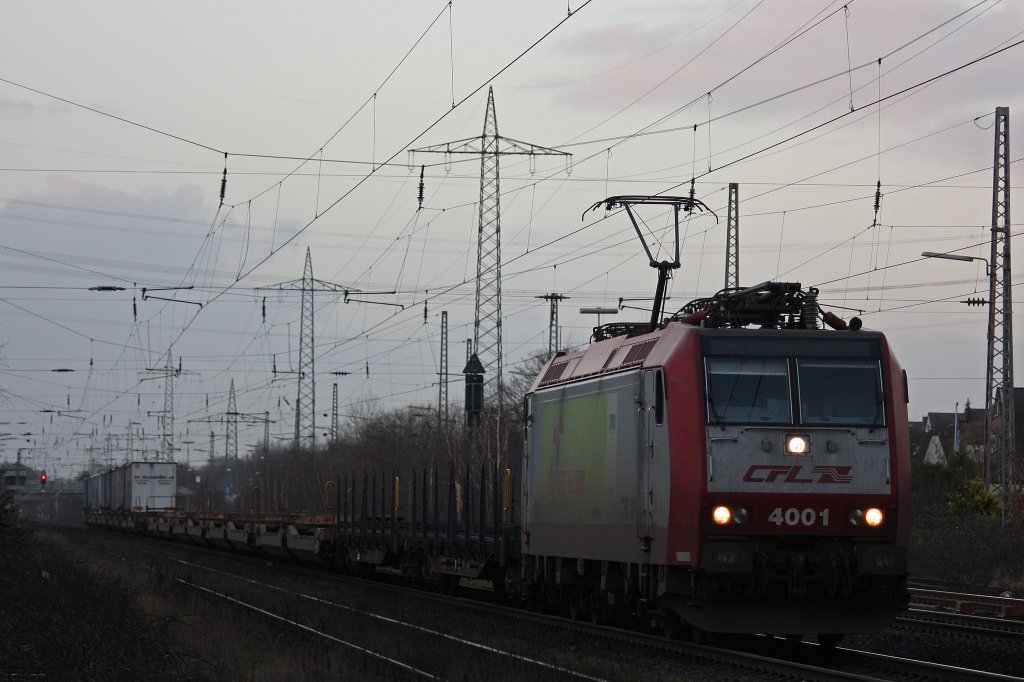 Die CFL 4001 fuhr am 6.1.12 mit dem ca.10 Stunden verspteten DGS 42680 Lbeck Skandinavienkai-Bettembourg durch Ratingen-Lintorf.
