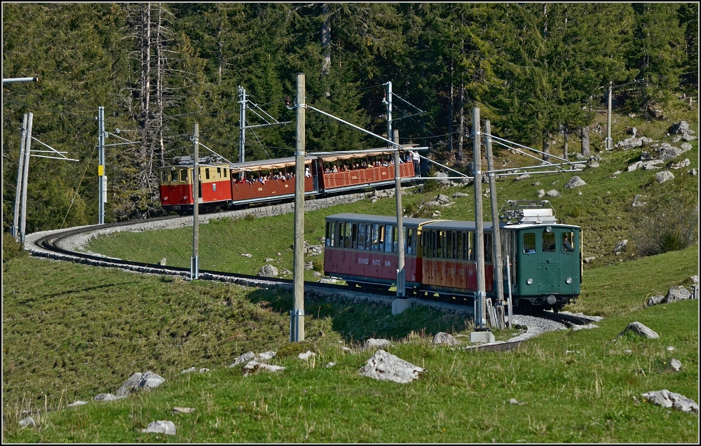 Die Chorographie dieser zwei Züge der Schynige Platte Bahn war interessant am Beginn des oberen Streckenabschnitts. Oktober 2011. 