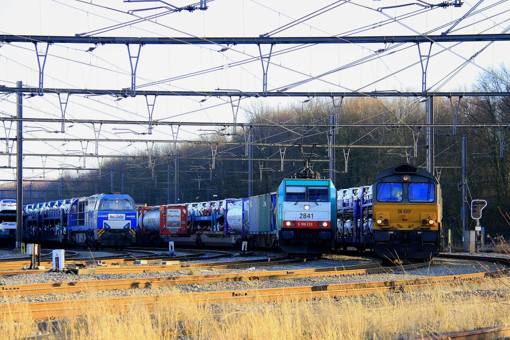 Die Class 66 DE6301 von DLC Railways und die V206 von der Rurtalbahn stehen beide mit Autozgen und auf Nebengleis steht die Cobra 2841 mit einem Containerzug in Montzen-Gare bei schnem Winterwetter am 15.1.2012.