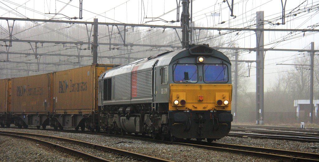 Die Class 66 DE6309 von DLC Railways steht in Montzen-Gare(B) startbereit mit einem  sehr langen  P&O Ferrymasters Containerzug, am Zugende ist eine Class 66 DE6306 von DLC Railways bei Nebel am 6.1.2013.