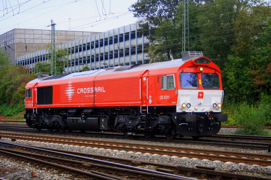 Die Class 66 DE6311  Hanna  von Crossrail rangiert in Aachen-West bei Herbstwetter.
6.10.2011