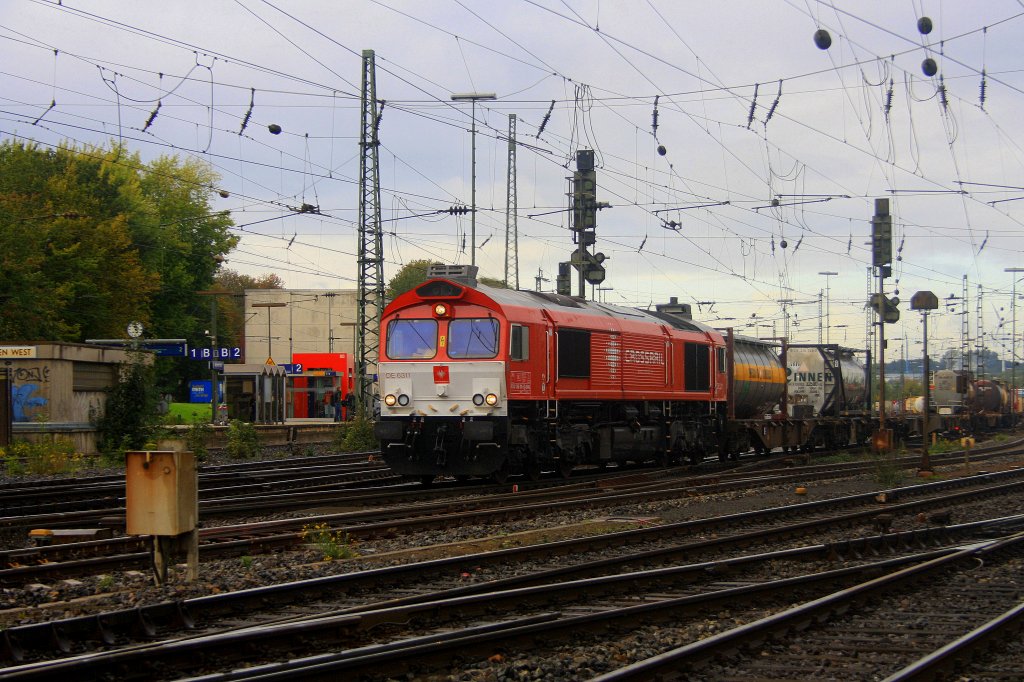 Die Class 66 DE6311  Hanna  von Crossrail f�hrt mit einem Containerzug von Aachen-West nach Antwerpen-Combinant(B) bei Herbstwetter.
8.10.2011