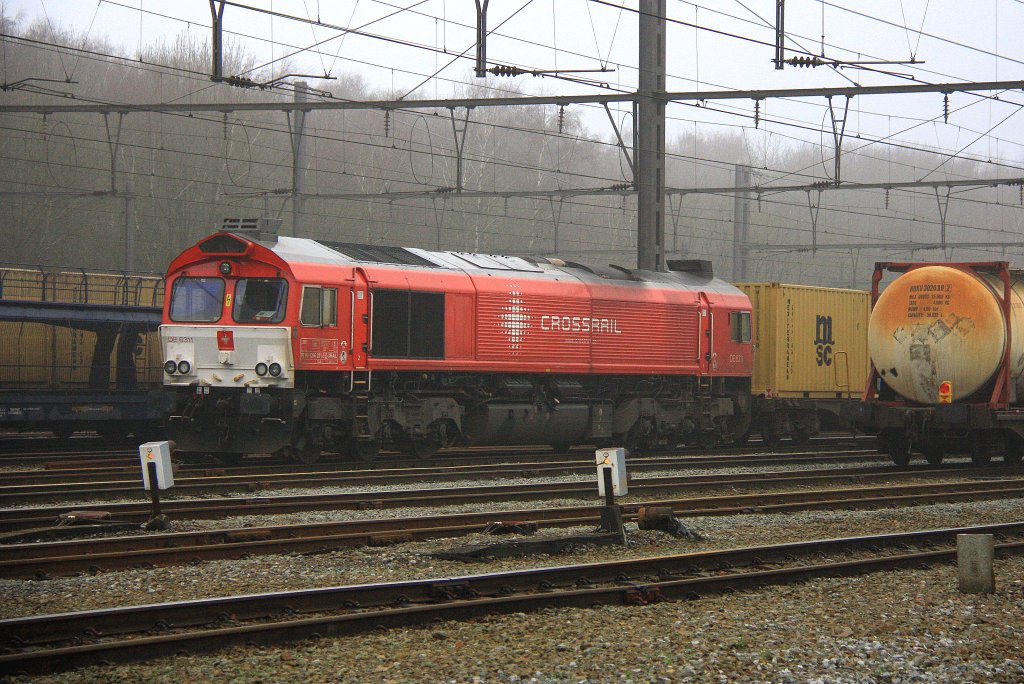 Die Class 66 DE6311  Hanna  von Crossrail steht in Montzen-Gare(B) mit einem sehr langen MSC-Containerzug und wartet auf die Abfahrt nach Aachen-West bei Nebel am 6.1.2013.