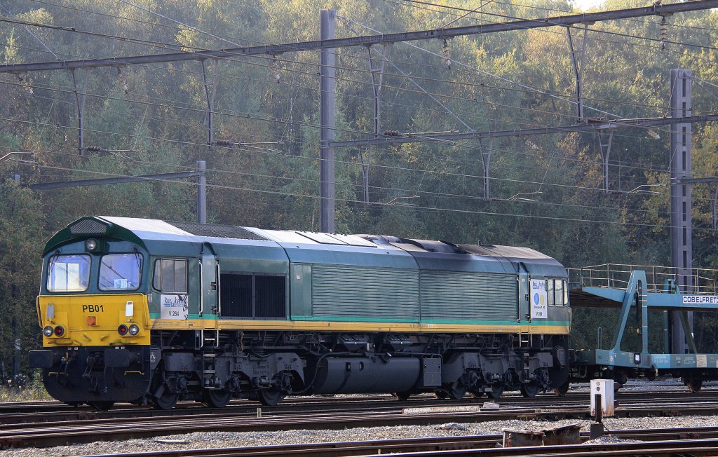 Die Class 66 PB01 von der Rurtalbahn-Cargo steht in Montzen-Gare(B) mit einem Autoleerzug an einen schnen Herbsttag am 21.10.2012.
