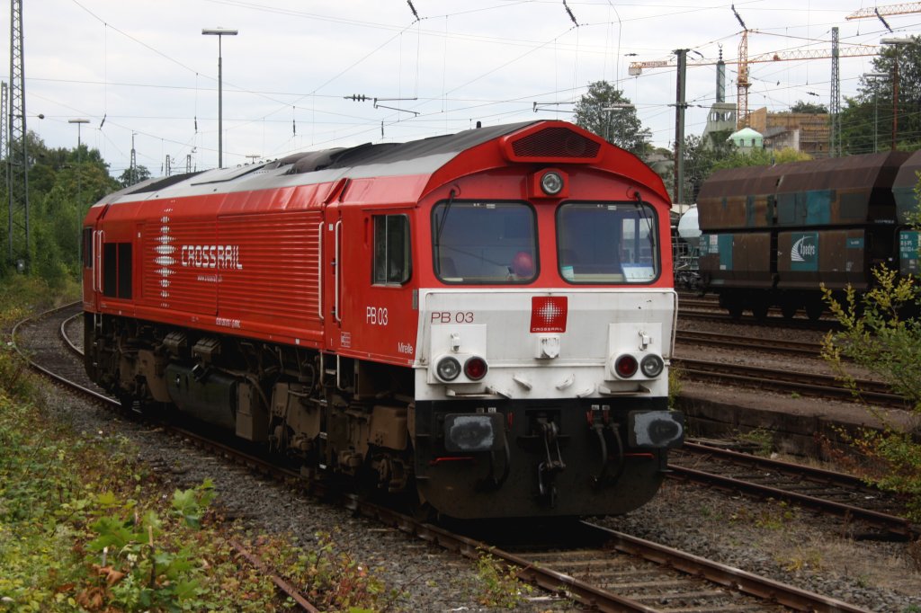 Die Class 66 PB03  Mireille  von Crossrail steht abgestellt in Aachen-West bei Sonne und Wolken.
Aufgenomen von der Rampe des Aachener-Westbahnhofes.
5.8.2011
