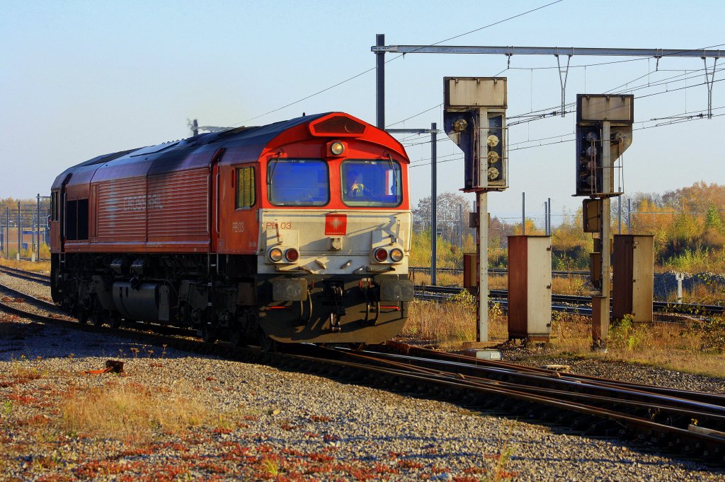 Die Class 66 PB03  Mireille  von Crossrail rangiert in Montzen-Gare(B).
12.11.2011