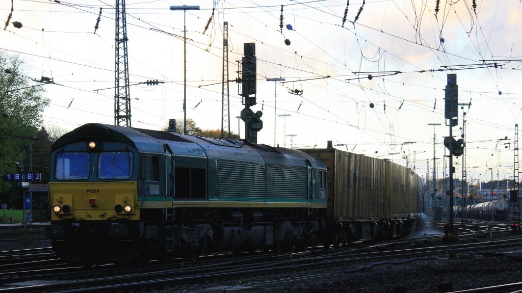 Die Class 66 PB14 von von Railtraxx BVBA f�hrt mit einem  P&O Ferrymasters Containerzug aus Gallarate(I) nach Muizen(B) bei der Ausfahrt aus Aachen-West und f�hrt in Richtung Montzen/Belgien in der Abendstimmung am 4.11.2012. 