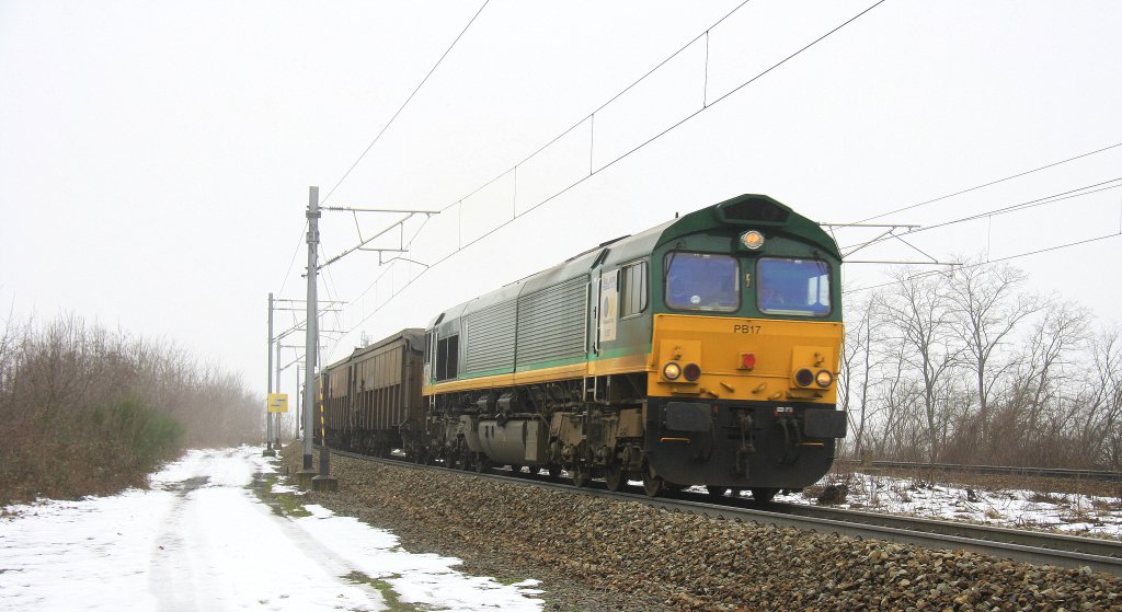 Die Class 66 PB17 von der Rurtalbahn-Cargo kommt aus Richtung Montzen-Gare(B) mit einem Bleizug aus Antwerpen-Lillo(B) nach Stolberg-Hammer und fhrt in Richtung Aachen-West.
Aufgenommen in Moresnet(B) kurz vor dem Viadukt bei Nebel und Schnee am nasskalten 15.2.2013.
