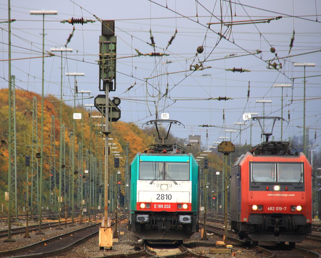 Die Cobra 2810 steht mit einem Containerzug und wartet auf die Abfahrt nach Antwerpen-Oorderen(B) und auf dem Nebengleis rangiet die 482 019-7 von der SBB Cargo in Aachen-West bei Regenwolken am 10.11.2012.