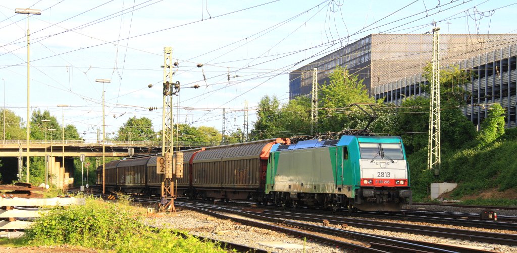 Die Cobra 2813 kommt aus Richtung Kln,Aachen-Hbf mit einem langen Papierzug aus Kln-Gremberg nach Zeebrugge(B) und fhrt in Aachen-West ein in der Abendsonne am 14.6.2013.