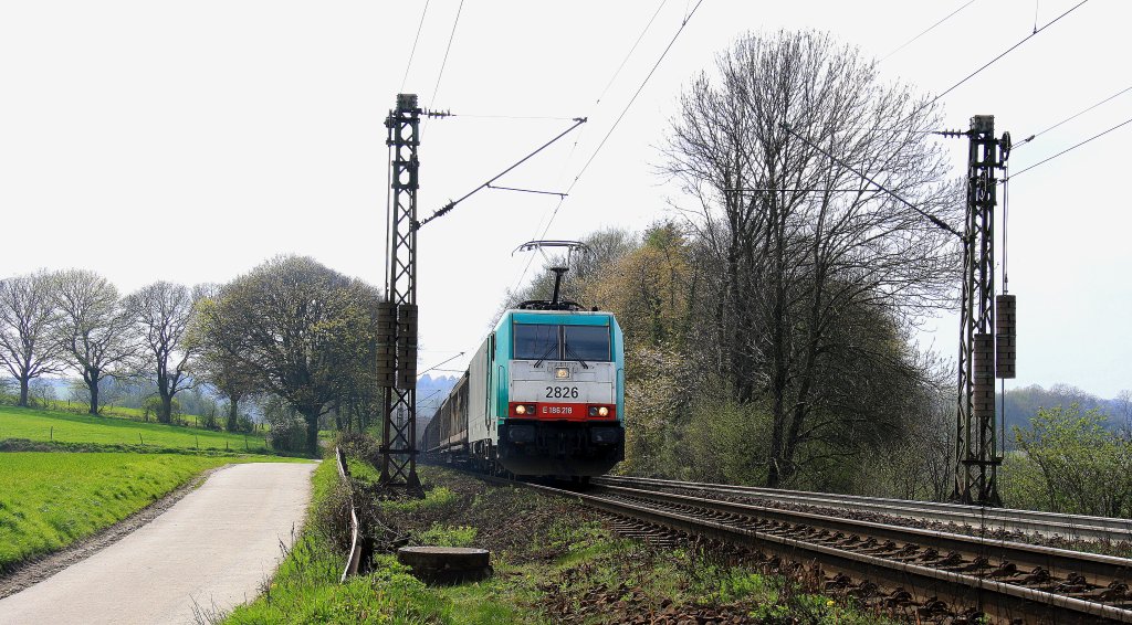 Die Cobra 2826 kommt die Gemmenicher-Rampe herunter nach Aachen-West mit einem gemischten G�terzug aus Antwerpen-Noord(B) nach K�ln-Gremberg bei sch�nem Sonnenschein.
Aufgenommen am Gemmenicher-Weg am 13.4.2012.