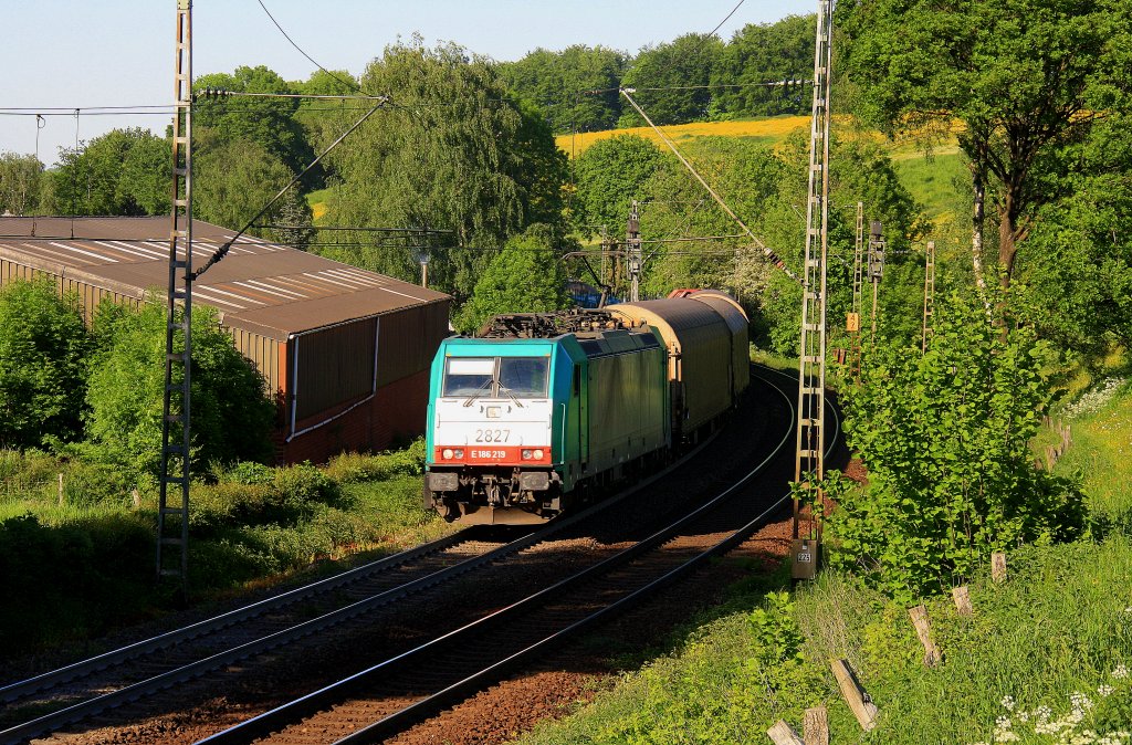 Die Cobra 2827 kommt die Gemmenicher-Rampe mit einem gemischten Gterzug von Aachen-West und fhrt nach Antwerpen-Noord(B) und fhrt gleich in den Gemmenicher-Tunnel hinein bei Sommerwetter.
Aufgenommen auf der Montzenroute bei Reinartzkehl am  25.5.2012.