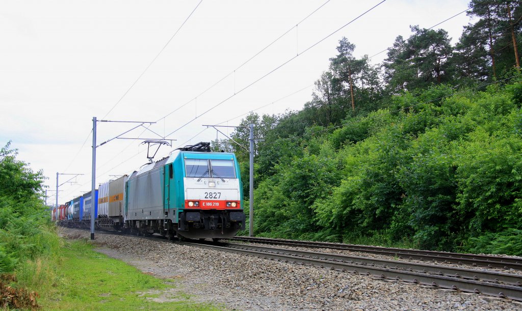 Die Cobra 2827 kommt mit einem Containerzug aus Richtung Montzen(B) und fhrt Aachen-West.
Aufgenommen an der Montzenroute bei Moresnet-Chapelle(B) am 30.6.2012.