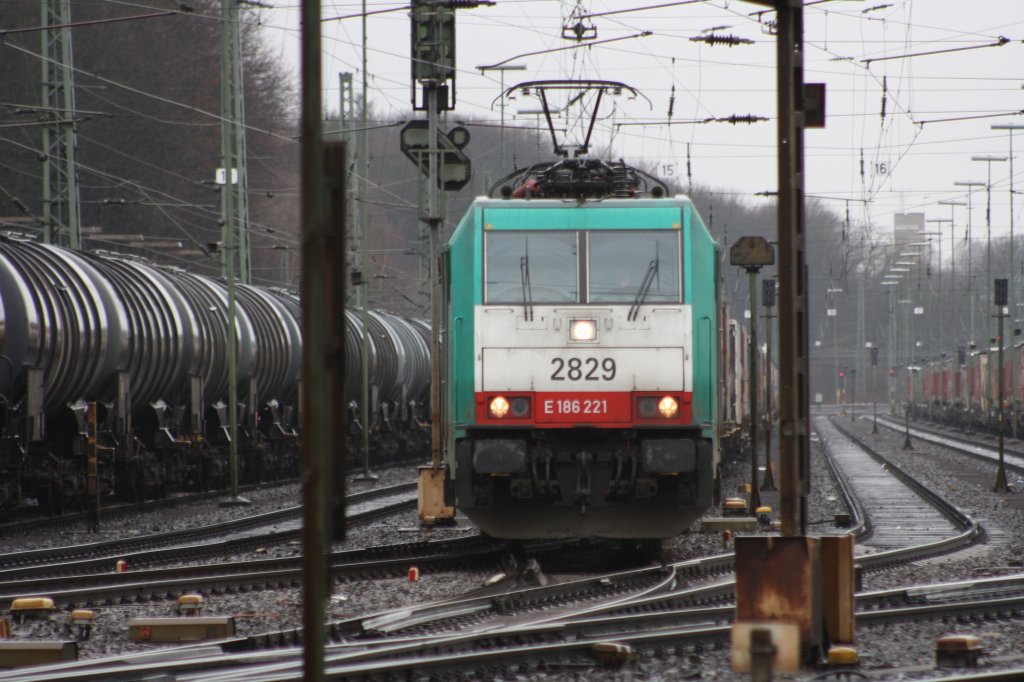 Die Cobra 2829 fhrt mit einem gemischten Containerzug von Aachen-West nach Montzen/Belgien bei Regen.
27.2.2011