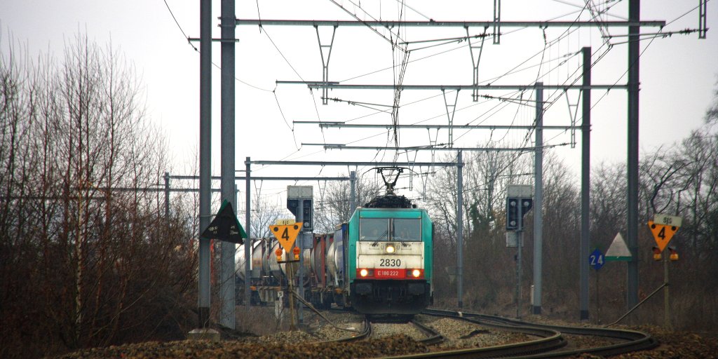 Die Cobra 2830 kommt mit einem langen Containerzug aus Aachen-West in Richtung Vise und fhrt durch Montzen-Gare(B) bei 1 Grad Plus am Kalten 10.3.2013.
