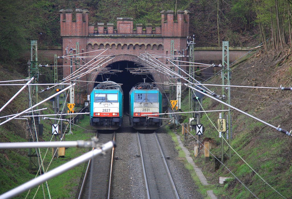 Die Cobra 2831 fhrt als Lokug nach Montzen(B) und begegnet  der Cobra 2827 die mit einem gemischten Gterzug aus Antwerpen-Noord(B) und fhrt die Gemmenicher-Rampe herunter nach Aachen-West.
Aufgenommen am Gemmenicher-Tunnel bei Reinartzkehl am 12.4.2012.