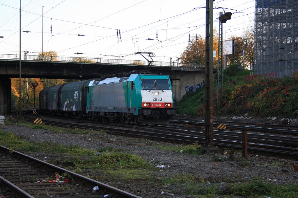 Die Cobra 2833 kommt mit einem gemischten G�terzug aus Antwerpen-Noord und f�hrt in Aachen-West ein.
29.10.2011