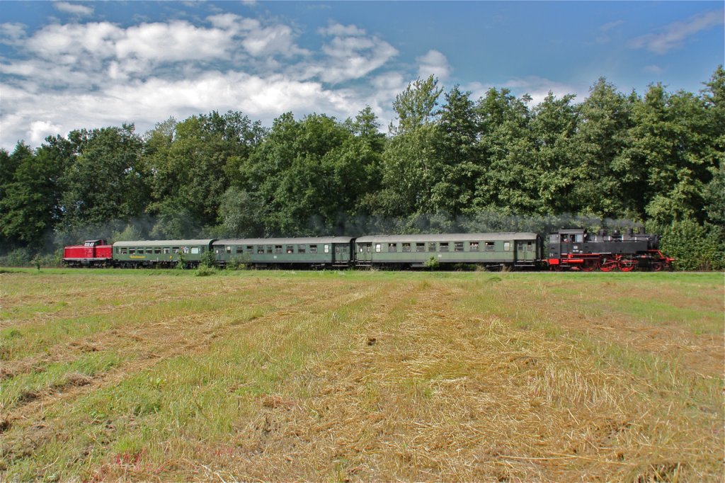 Die Dampflok 64 419 und die Diesellok 212 084-8 (V100) als Weinfestbummler, hier zwischen Gottenheim und Hugstetten. Am 29. August 2010