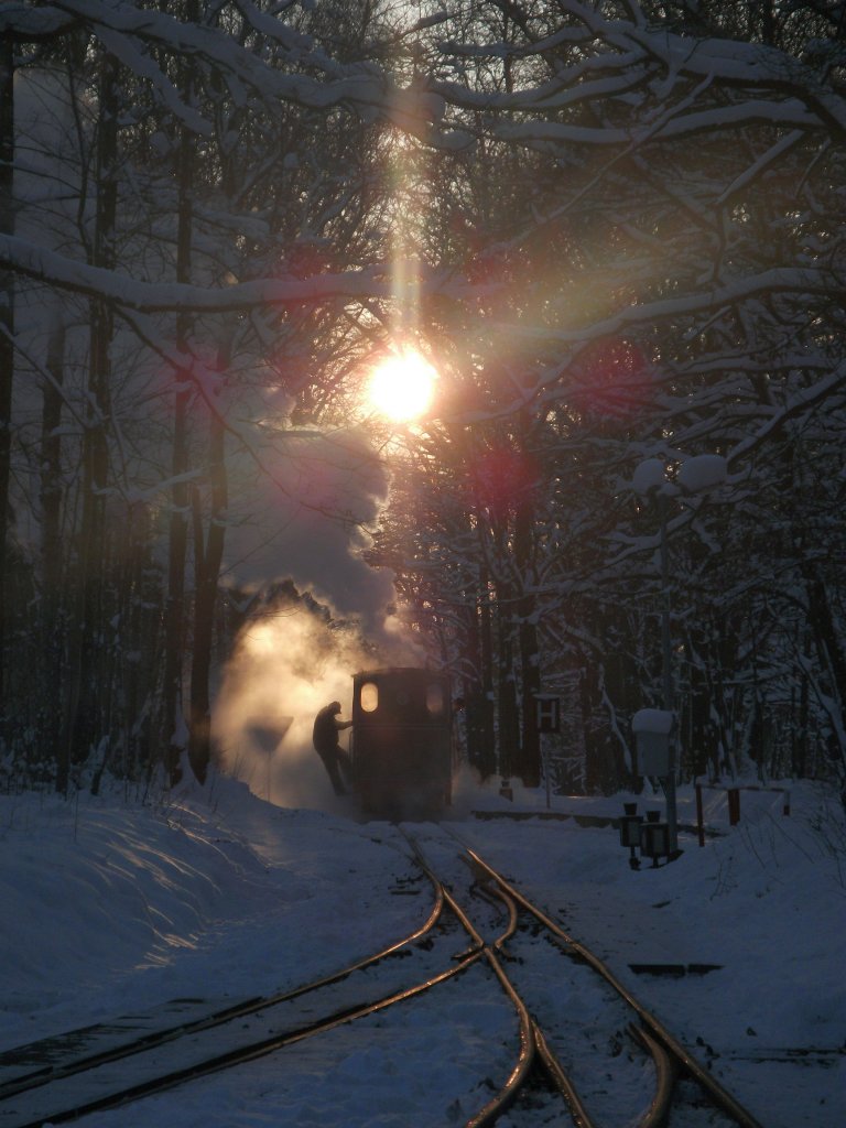 Die Dampflok von der Parkeisenbahn Chemnitz kmpft sich durch den Schnee. 03.12.2010