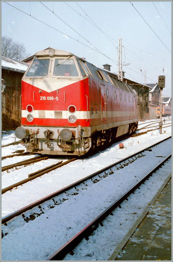 Die DB (ex DR) 219 096-5 in Schwerin am 9 Februar 1996. 
(Gescanntes Negativ)