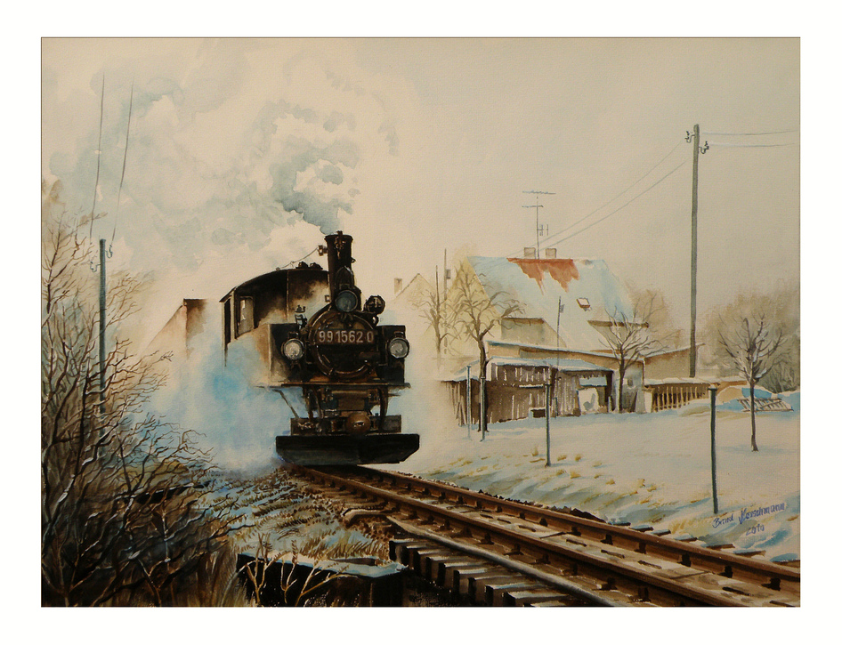 Die Dllnitzbahn im Winter mit einem leeren Kaolinzug von Oschatz nach Kemmlitz bei Poppitz 
-Aquarell-
Maler und Bildautor Bernd Kauschmann