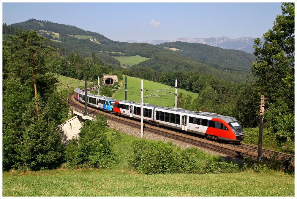 Die dreiteilige Desirogarnitur, bestehend aus 5022 060 + 045 + 053 bei der berstellung von Wr.Neustadt nach Graz. 
Steinbauer Wiese Eichberg 3.7.2010