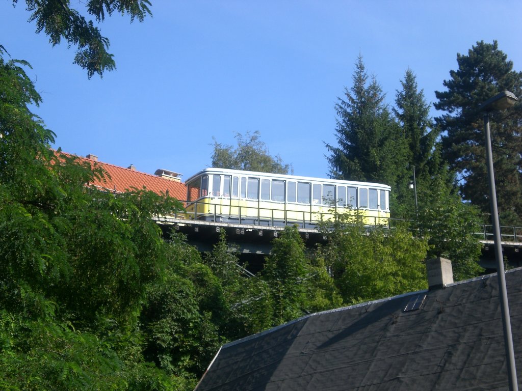 Die Dresdner Standseilbahn verbindet die Stationen Blasewitz Krnerplatz und Weier Hirsch Luisenhof. Hier ist die Bahn auf der Hlfte der Strecke zu sehen.(3.8.2011)