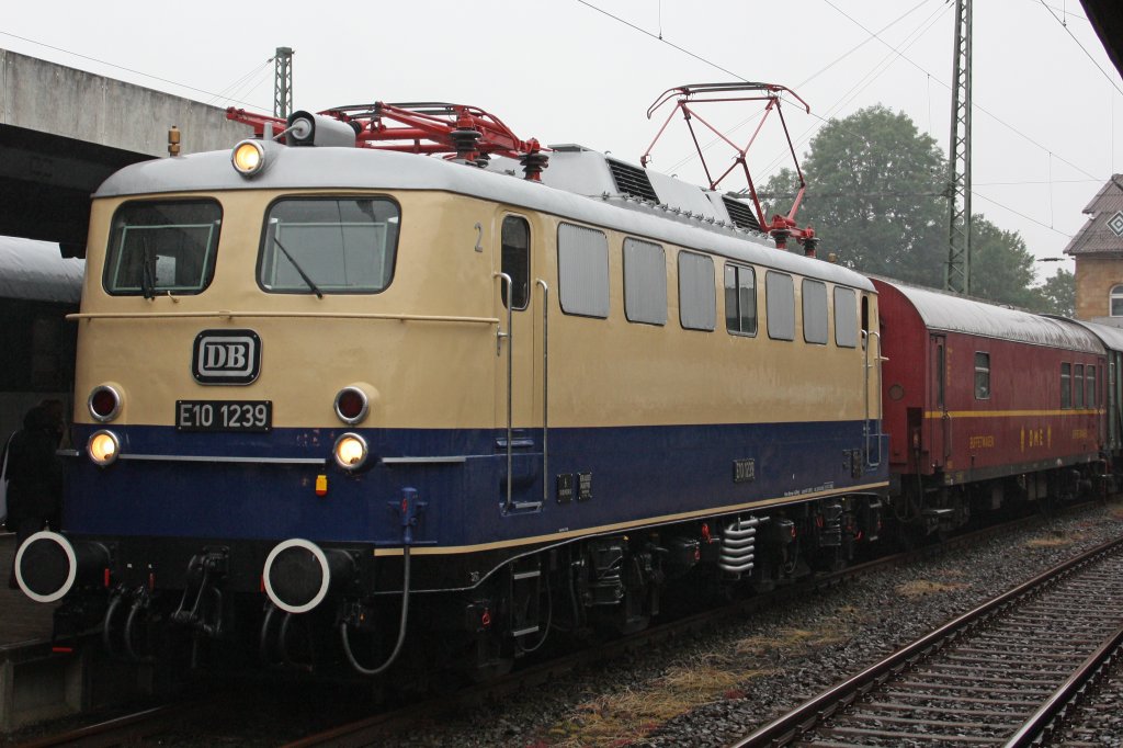 Die E10 1239 war am 3.7.11 beimVivat Viaduktfest in Altenbeken.Momentan ist die Lok in Dessau und bekommt eine neue HU :)