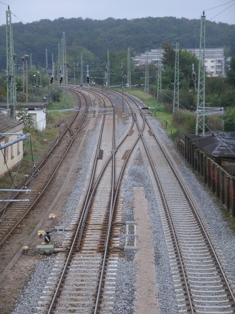 Die Einfahrweiche 56 von Bergen/Rgen aufgenommen von der Fussgngerbrcke am 18.September 2011.Das abzweigende Gleis ist das Hauptgleis.