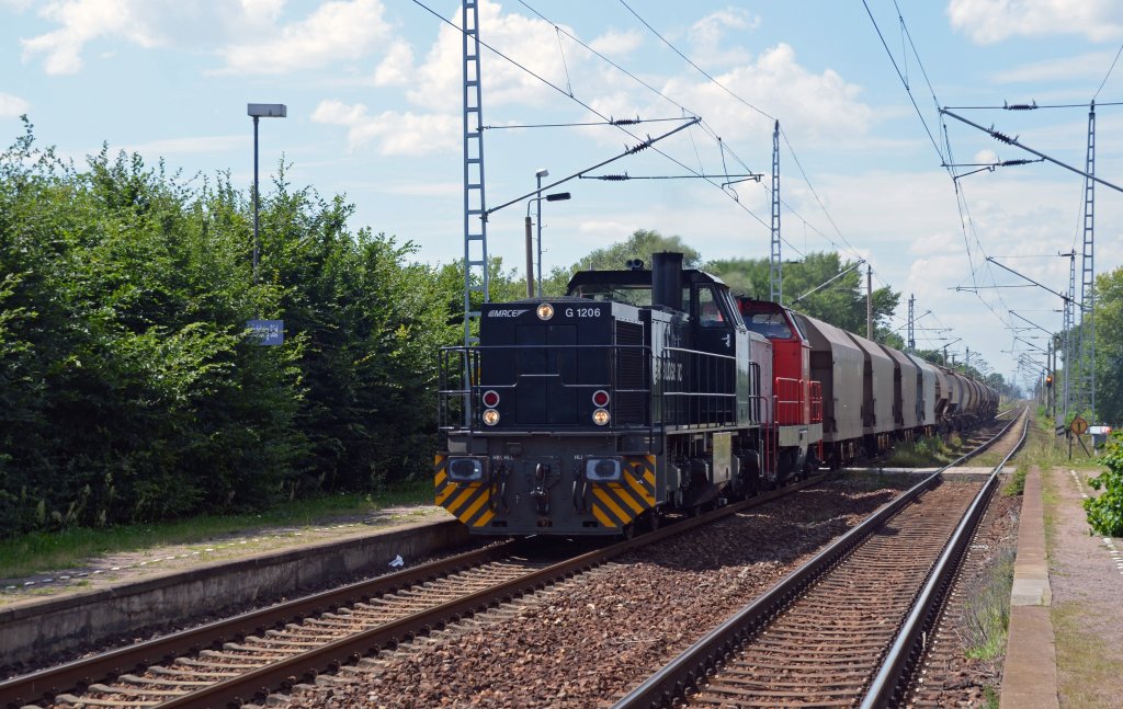Die G 1206 der RBB bespannte am 04.08.12 mit V 133 einen Quarzsandzug Richtung Bitterfeld. Fotografiert in Landsberg Sd. 