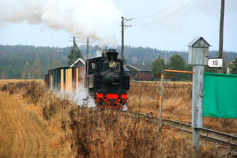 Die grne Flagge ist gesetzt und der Gterzug mit Lok Nr. 4 hat einfahrt in den Bahnhof Fossum; 29.01.2009