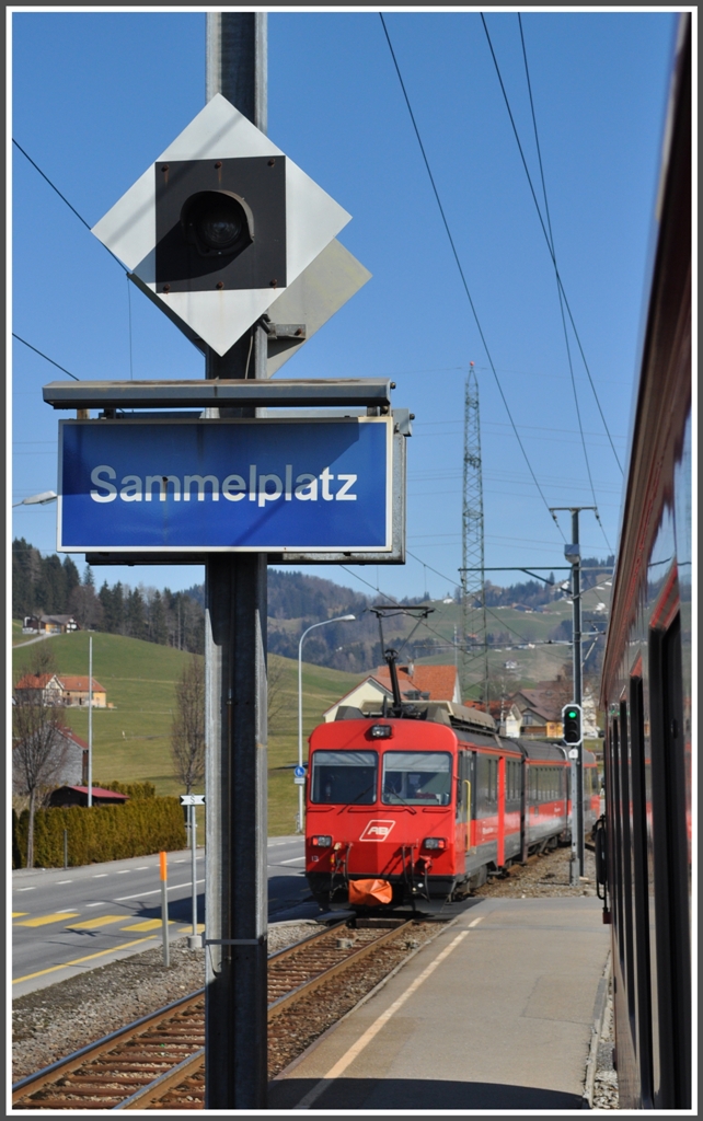 Die halbstndliche Zugskreuzung zwischen den Zgen der S11 St.Gallen-Appenzell-St.Gallen  finden in Sammelplatz statt. (13.03.2012)