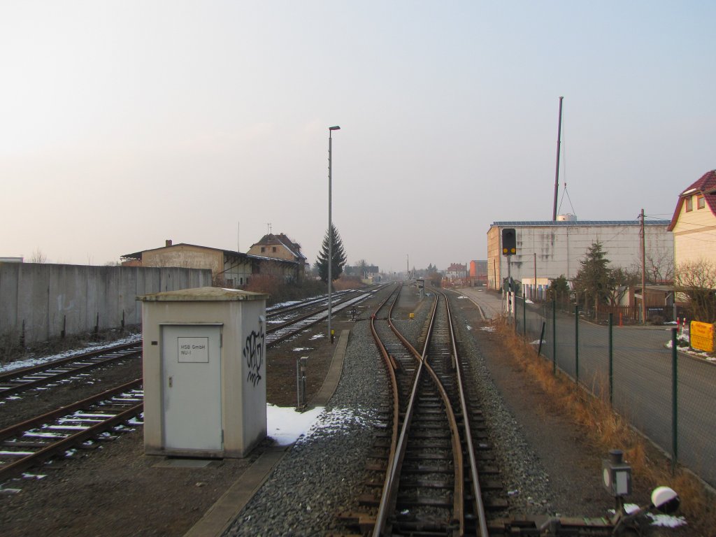 Die HSB Umspuranlage von Normal- auf Schmalspur, am 29.03.2013 in Nordhausen. Von der Plattform eines HSB Schmalspurwagens whrend der Fahrt nach Nordhausen aufgenommen.