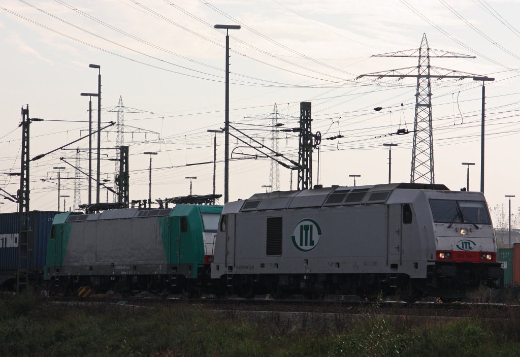 Die ITL 285 106 zieht am 28.10.11 die von ITL angemietete E186 248 und einen Containerzug durch den Gbf Alte Sderelb in Hamburg-Waltershof.