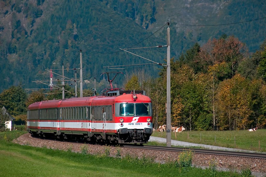 Die Khe auf der Weide nehmens eher gelassen hin, als 4010 009 der GEG als Planstrom auf der Pyhrnbahn Hinterstoder verlt. Die Aufnahme entstand am 04.10.2010.