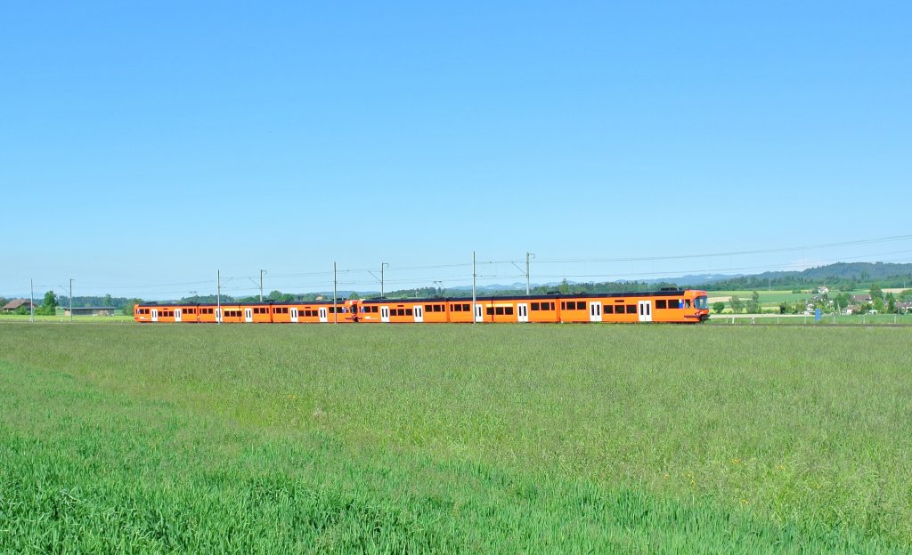 Die La Prima's verkehren nicht mehr lange auf dem RE Bern-Solothurn, sie werden durch die neuen Next abgelst. Momentan verkehren die Zge noch als Zusatzzge und zeitweise auf einer Tagesleistung. Im Bild sind ABe 4/12 63 und 64 (auf der Tagesleistung) als RE 1166 bei Urtenen, 06.06.2013.