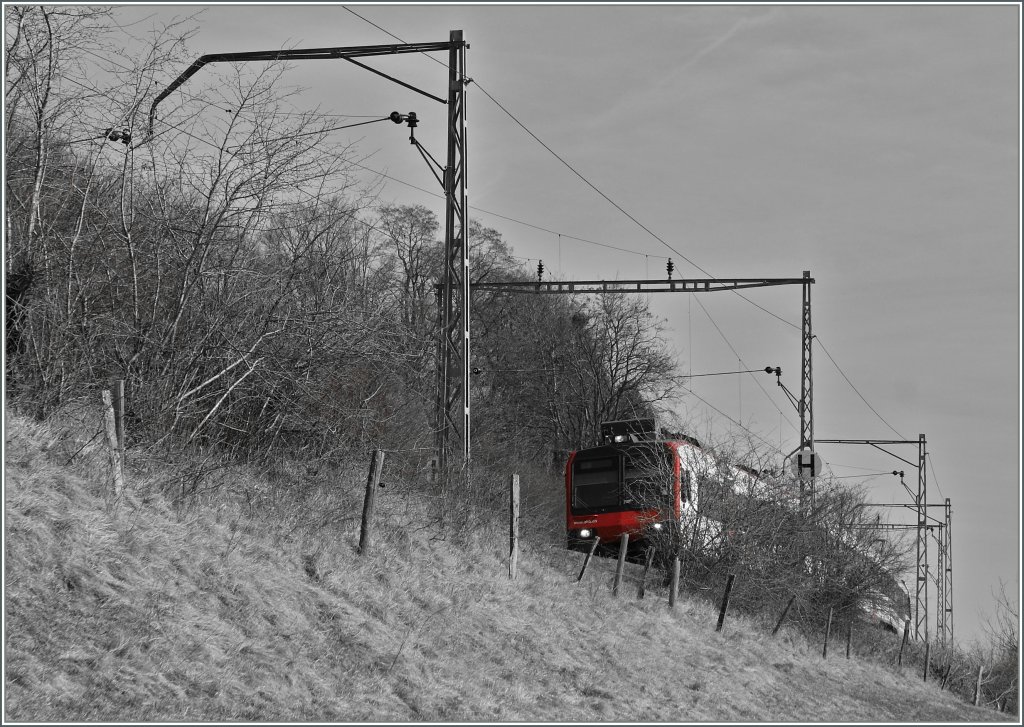 Die meines Wissens letzte Strecke mit den wunderschnen, filigranen Fahrleitungsmasten wird in Krze der Vergangenheit angehren, rund genug, dort nochmals auf Fototour zu gehen und genau das ins Visier zu nehmen, was sonst strt: die Fahrleitungsmaste. 
Ein Domino zwischen Neyruz und Chnens (Strecke Bern - Lausanne) am 12. Mrz 2012